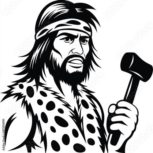 Monochrome caveman in animal skin and headband holds a hammer confidently looking ahead
