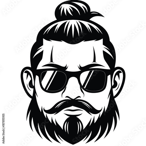 Monochrome portrait unveils an attractive man with stylish facial hair wearing sunglasses and a topknot