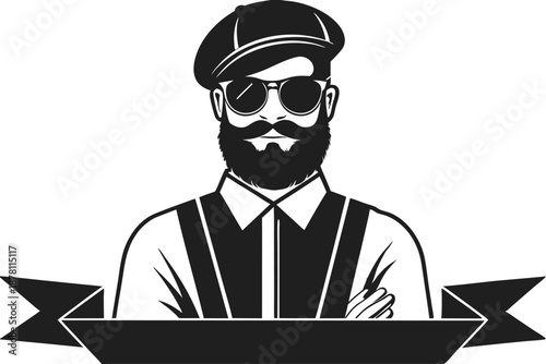 Monochrome silhouette portrays a stylish bearded man with a cap and suspenders over a ribbon