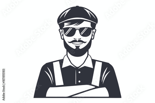 Mustached man wearing a newsboy cap and sunglasses crosses his arms confidently