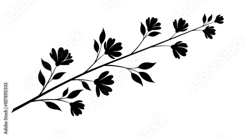 Black silhouette of a leafy branch on white background.