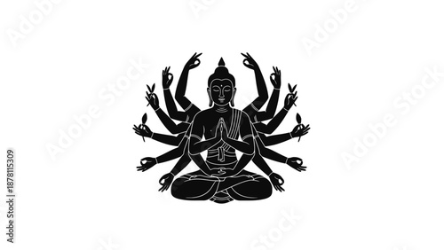Black and white illustration of a multi-armed deity in meditation.