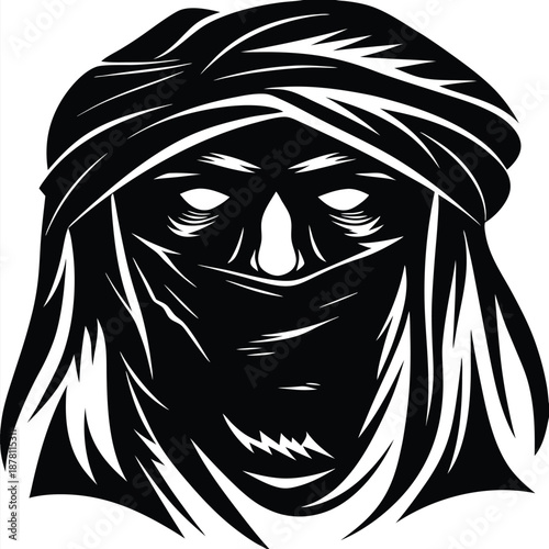 Mysterious figure shrouded in black and white clothing, creating an aura of intrigue