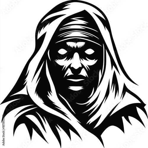 Mysterious monochrome figure with eerie glowing eyes peers from beneath a tattered hooded cloak