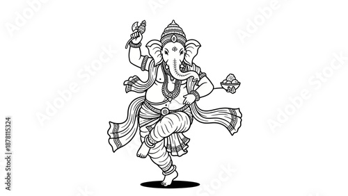 Black and white illustration of dancing Ganesha with multiple arms.