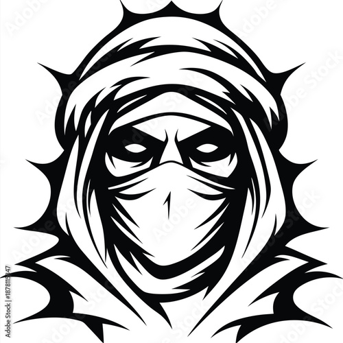 Mysterious hooded figure emerges; eyes glowing ominously through a dark veil for the viewers