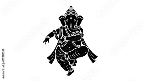 Black and white illustration of dancing Ganesha.
