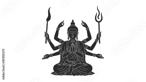 Black and white illustration of a multi-armed deity in a meditative pose.