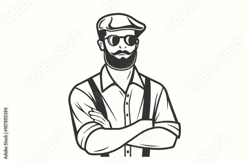 Outlined stylish man with beard, cap, and sunglasses stands arms crossed confidently