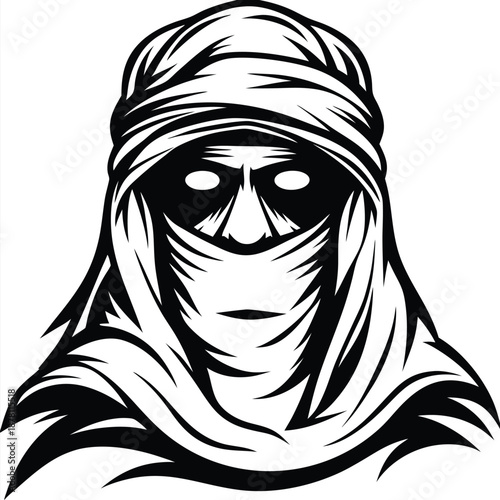 shows an Arab man with detailed headscarf in stark black and white