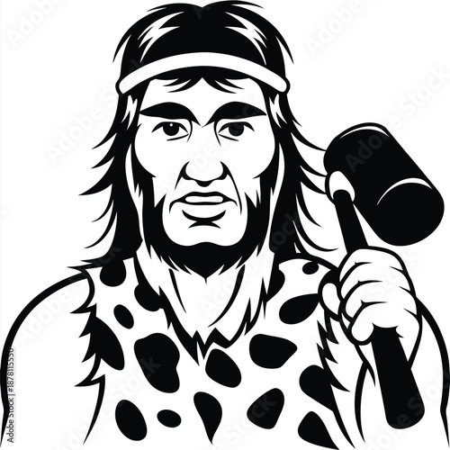 shows primitive man, holding a club, wearing animal skin in black and white