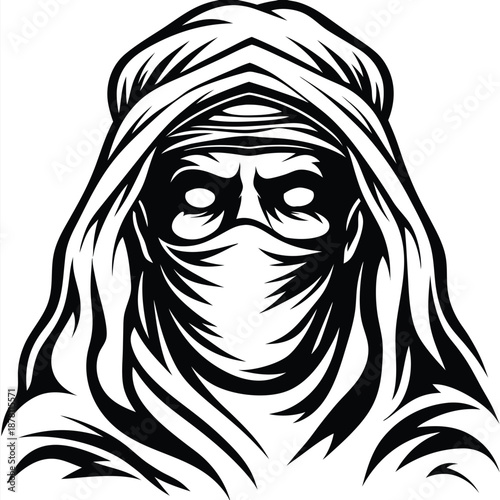 Silhouette portrait unveils a menacing figure cloaked in a desert headscarf, eyes concealed