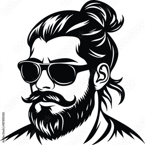 Silhouette of a man with beard and hair in a bun wears sunglasses