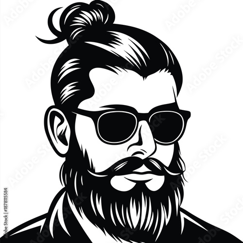Silhouette reveals a bearded man with stylish hair bun and wearing shaded glasses