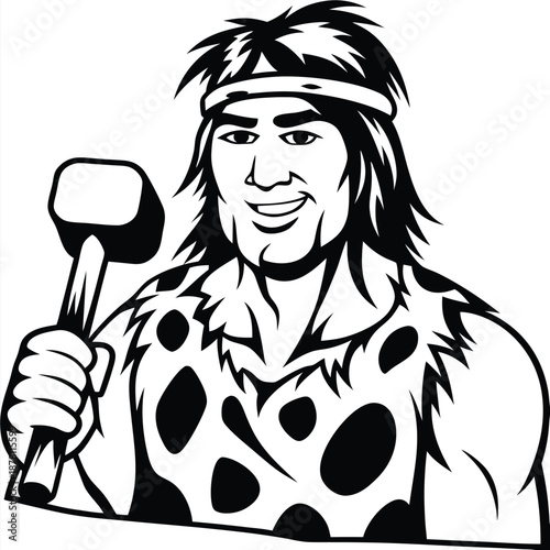 Smiling Asian caveman in animal skin holds his hammer, a powerful emblem