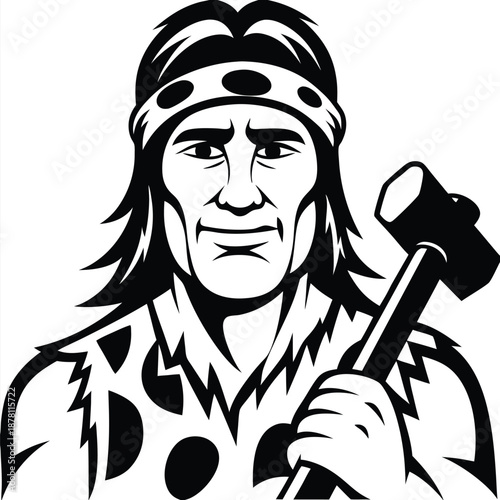 Stern indigenous man wearing animal skin holds a black hammer on a white backdrop