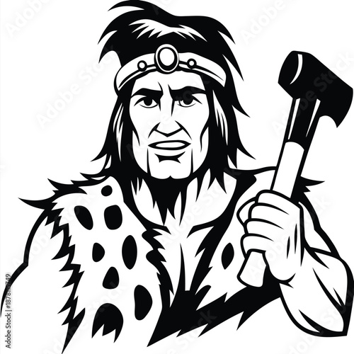 Strong caveman wearing animal pelt and head band poses, holding a large hammer