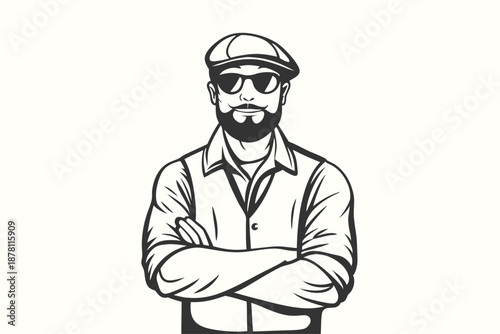 Stylish man with beard and sunglasses crosses his arms wearing a cap, isolated