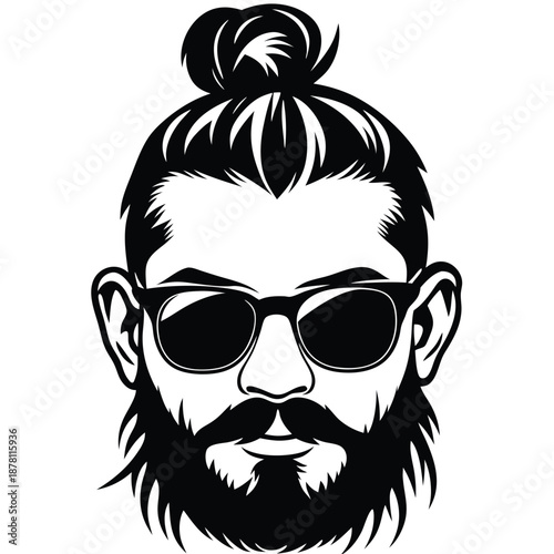 Stylish man with beard and topknot hairstyle wearing sunglasses looks distinguished in black silhouette