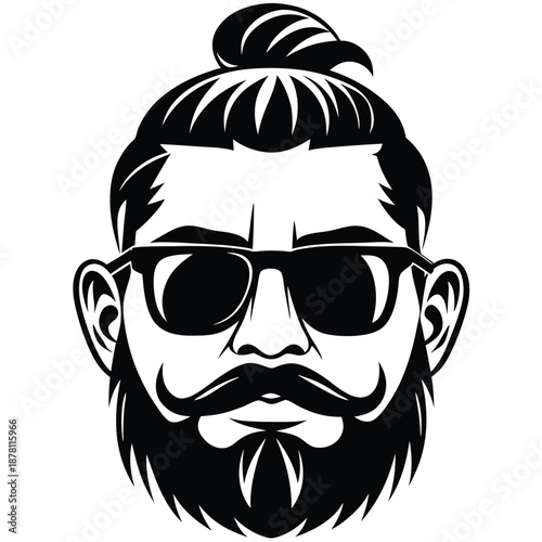 Stylish man with beard, sunglasses, and a bun haircut appears in black silhouette