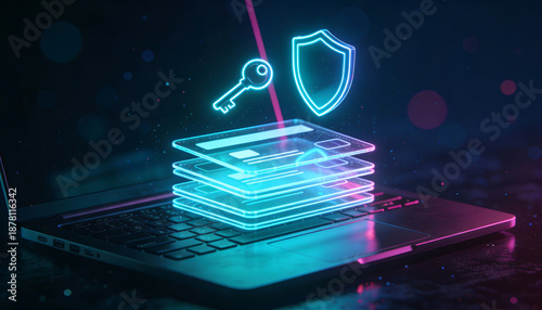 Glowing holographic card stack above laptop with neon key and shield icon concept for online payment security encryption authentication digital banking and privacy protection