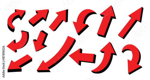 Vibrant red arrow icons set: straight, curved, circular, 3D shadows. Versatile vector pack for UI design, infographics, signs, apps, websites. Transparent PNG, scalable for commercial stock use.