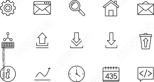 Black and white UI icon set displaying common web/app functions: settings, email, search, home, upload, download, analytics, calendar, clock, developer tools