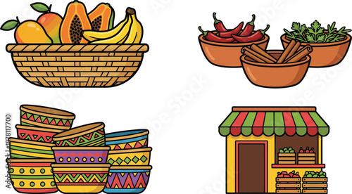 Traditional Mexican market set with tropical fruit basket of mango papaya banana, clay bowls with chili cinnamon spices, stack of colorful handmade pottery and small street shop stall.