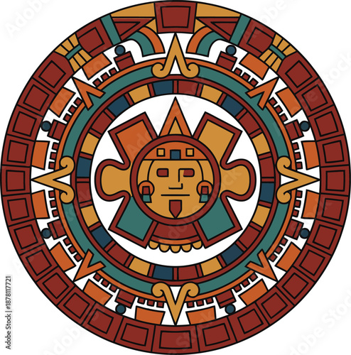 Ancient Aztec sun stone calendar symbol with colorful geometric tribal patterns and central deity face representing traditional Mexican mythology and historical culture civilization icon.