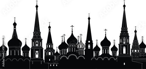 Russian orthodox church skyline silhouette with onion domes and crosses, historic religious architecture panorama, black and white illustration, cultural landmark artwork