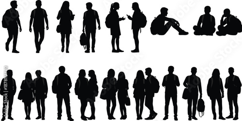 Students silhouettes collection showing young men and women walking standing sitting with backpacks campus life education youth lifestyle social interaction concept