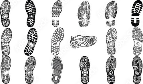 Shoe sole footprint pattern collection with detailed tread marks, footwear texture set for design, walking and movement concept, black and white illustration