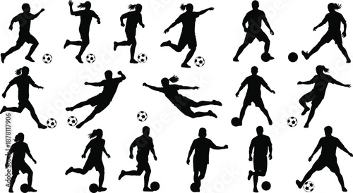 Soccer players silhouettes set showing men and women dribbling kicking and shooting football in dynamic action sport competition concept