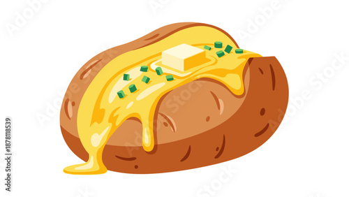 A baked potato topped with melted cheese, butter, and herbs, illustrated in a digital artwork inspired by mex078.eps