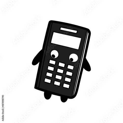 A cute cartoon black calculator character with expressive eyes and small limbs on a white background