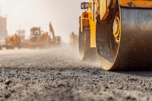 Heavy road roller compacting freshly laid asphalt on a construction site during a bright dusty day with machinery working in the background