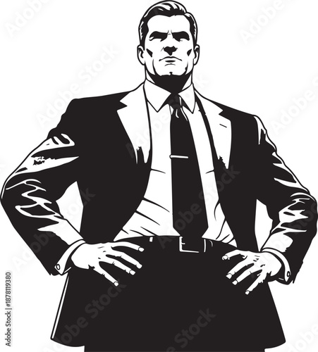 Confident and powerful businessman in suit with hands on hips portraying leadership and determination