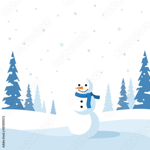 Snowman in winter scene smiling.