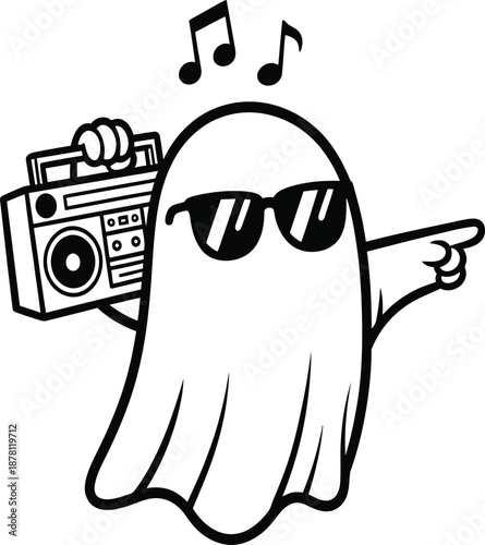 This vibrant illustration features a lively ghost holding a boombox, exuding fun and energy. With stylish sunglasses and musical notes floating nearby, this character embodies a party spirit that's bo