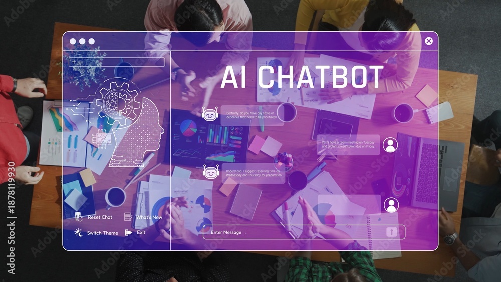 Obraz premium A diverse group of individuals collaborates in a modern workspace while engaging with an AI chatbot interface. Laptops and digital tools enhance their brainstorming session. Raster