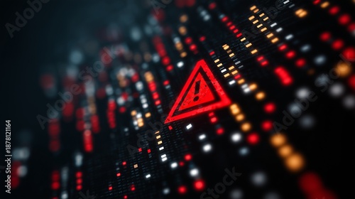 Red warning triangle on a digital matrix representing fraud detection and threat intelligence alert in cybersecurity context.