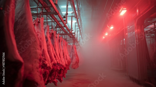 Hanging carcass in foggy red-lit slaughterhouse conveying industrial meat processing and cold chain production.