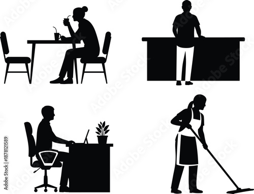 People silhouettes performing daily activities at home and work, eating, office tasks and cleaning service, modern lifestyle and routine concept, black and white illustration