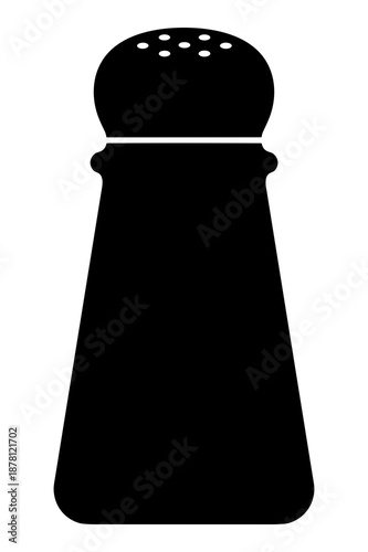 Simple, iconic black silhouette graphic representing a classic kitchen salt shaker with multiple small holes for seasoning food items effectively.