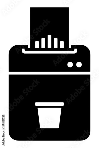 Black and white icon silhouette representing a modern paper shredder machine actively destroying confidential documents into small strips for secure disposal.