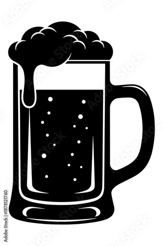 Iconic black and white silhouette illustration depicting a frosty, overflowing glass stein brimming with dark, frothy beer ready for immediate consumption and enjoyment.