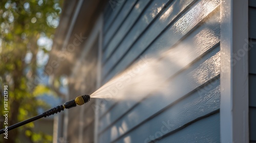 Pressure washer nozzle spraying water to clean house siding, removing dirt and grime from exterior panel.
