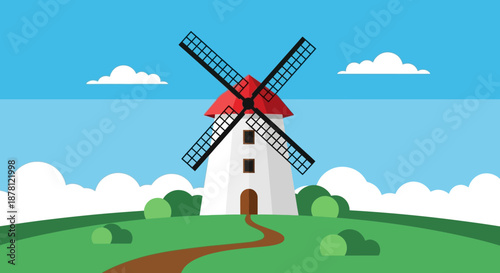 Cartoon illustration of a windmill on a green hill under a blue sky with clouds creates a serene