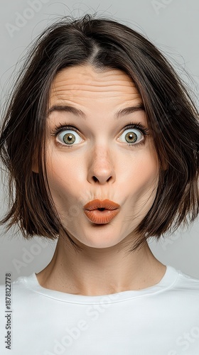 Close up portrait of a surprised young woman with wide eyes and puckered lips showing an expressive face of shock or astonishment against a plain light background