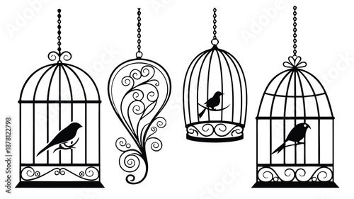 Elegant black and white illustration depicting four decorative birdcages with birds inside hanging from chains